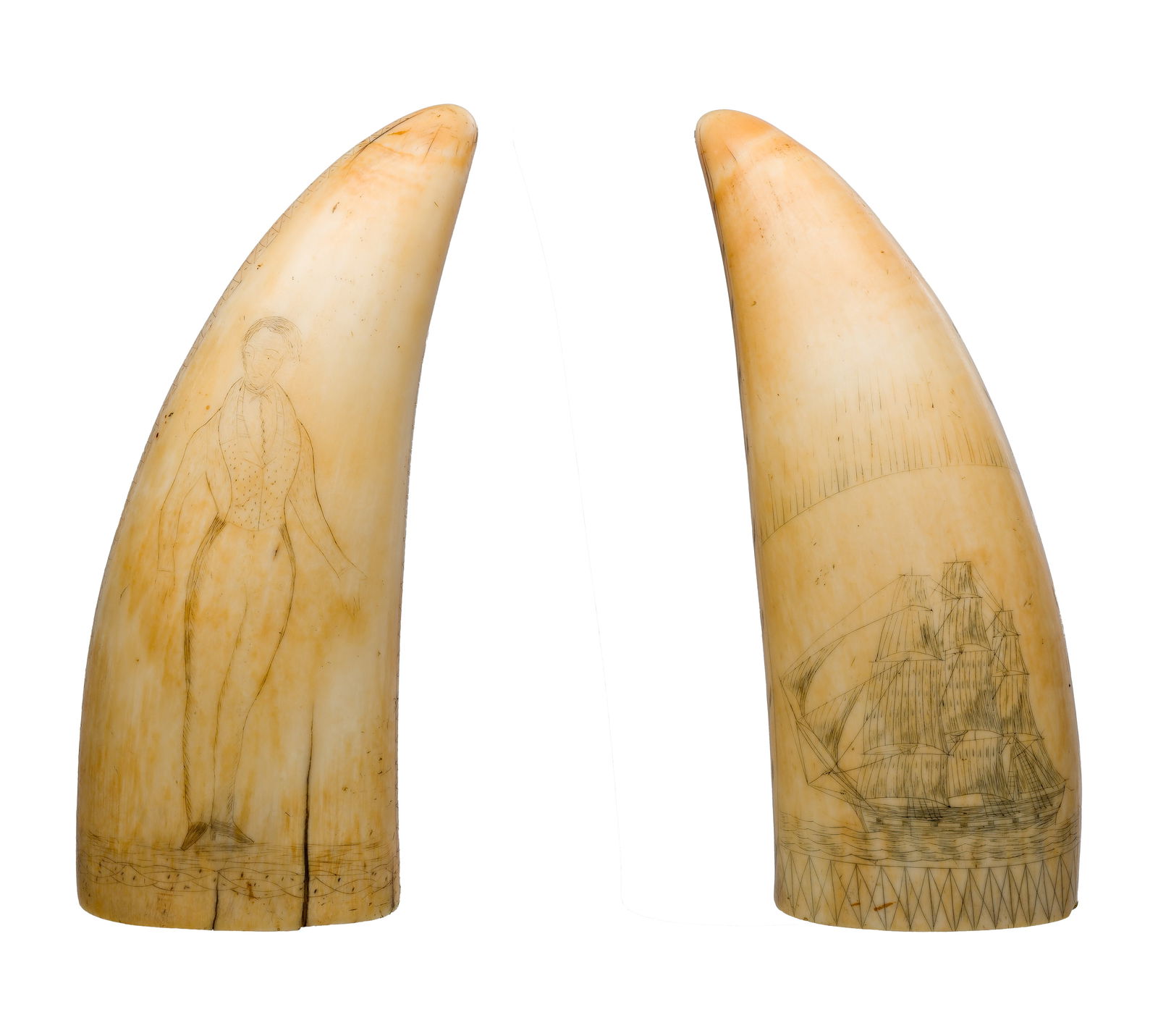 Whale Tooth Scrimshaws: Whale Tooth Scrimshaws (2) items having lightly engraved images, one depicting a standing male figure in Victorian garb, the other having a square-rigged three-masted ship under full sail, no flag sho