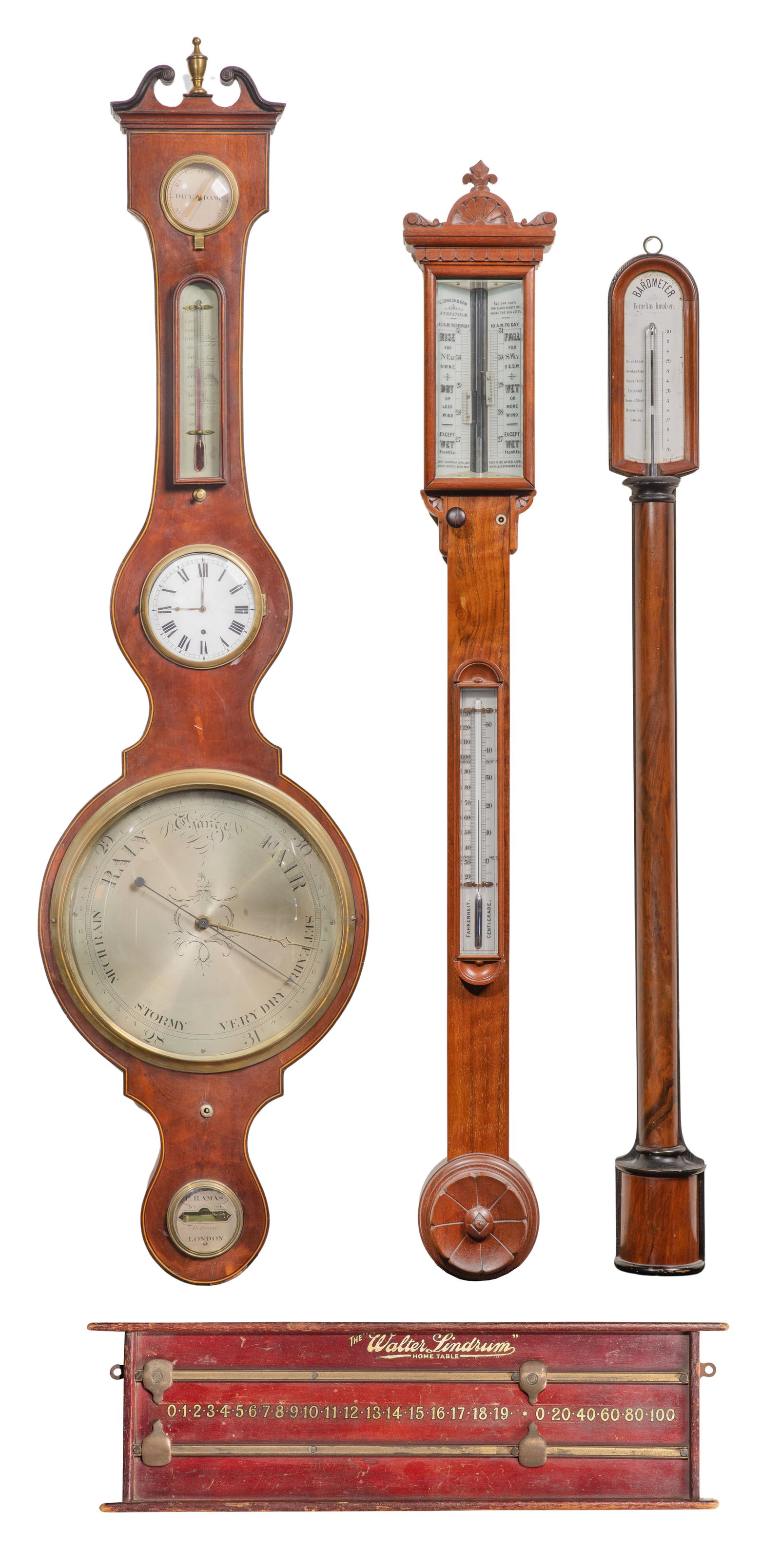 Barometer Assortment: Barometer Assortment (4) total items including a P. Ramas London, an E. Crouch & Son and a Cornelius Knudsen; together with a Walter Lindrum home table billards scoreboard Property from: a Private Col