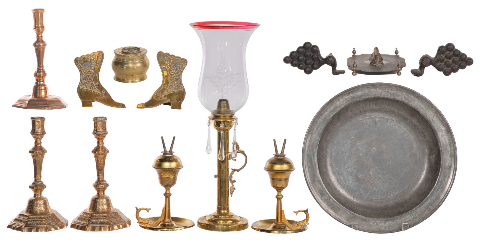 Decorative Object Assortment: Decorative Object Assortment (9) items including a Samuel Danforth pewter basin marked on underside, a pair of Regency embossed copper candlesticks, a brass candlestick having an etched ruby-rimmed gl