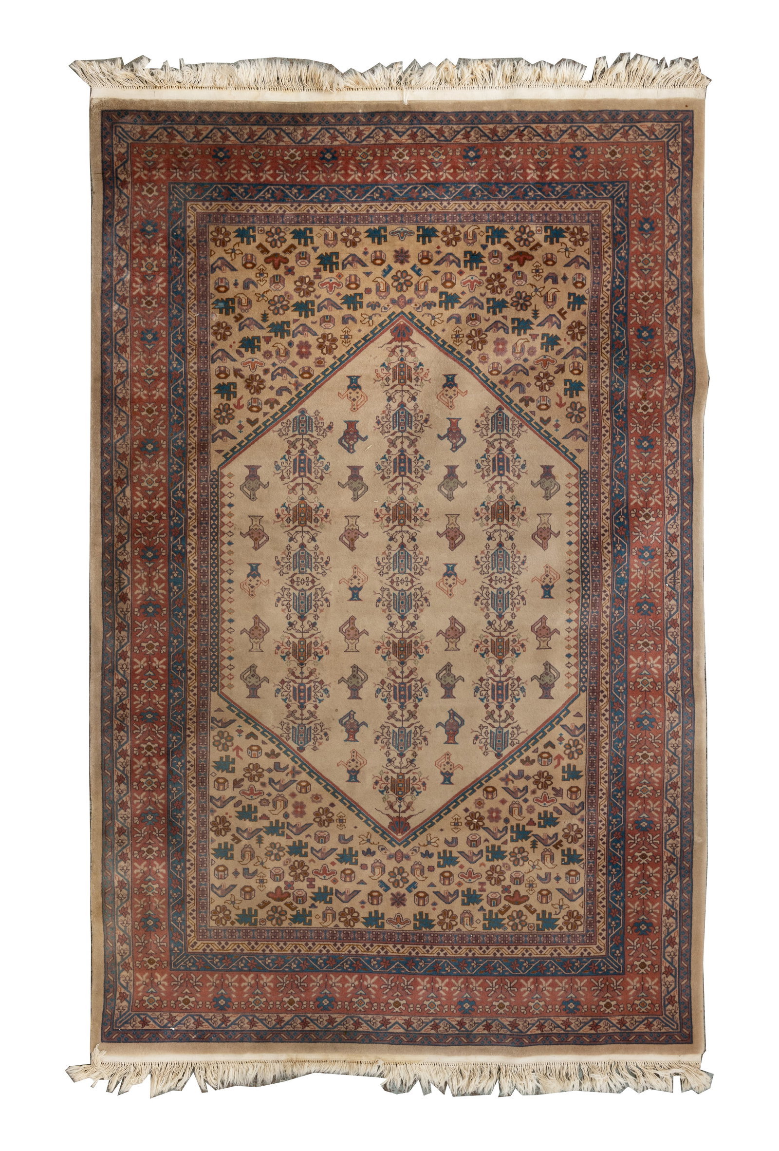 Persian Wool Rug: Persian Wool Rug Hand knotted having an abstract floral and figural medallion design in hues of rust, gold, blue and teal on a cream field Property from: an Estate, St. Charles, Illinois Rug Size: 8 f