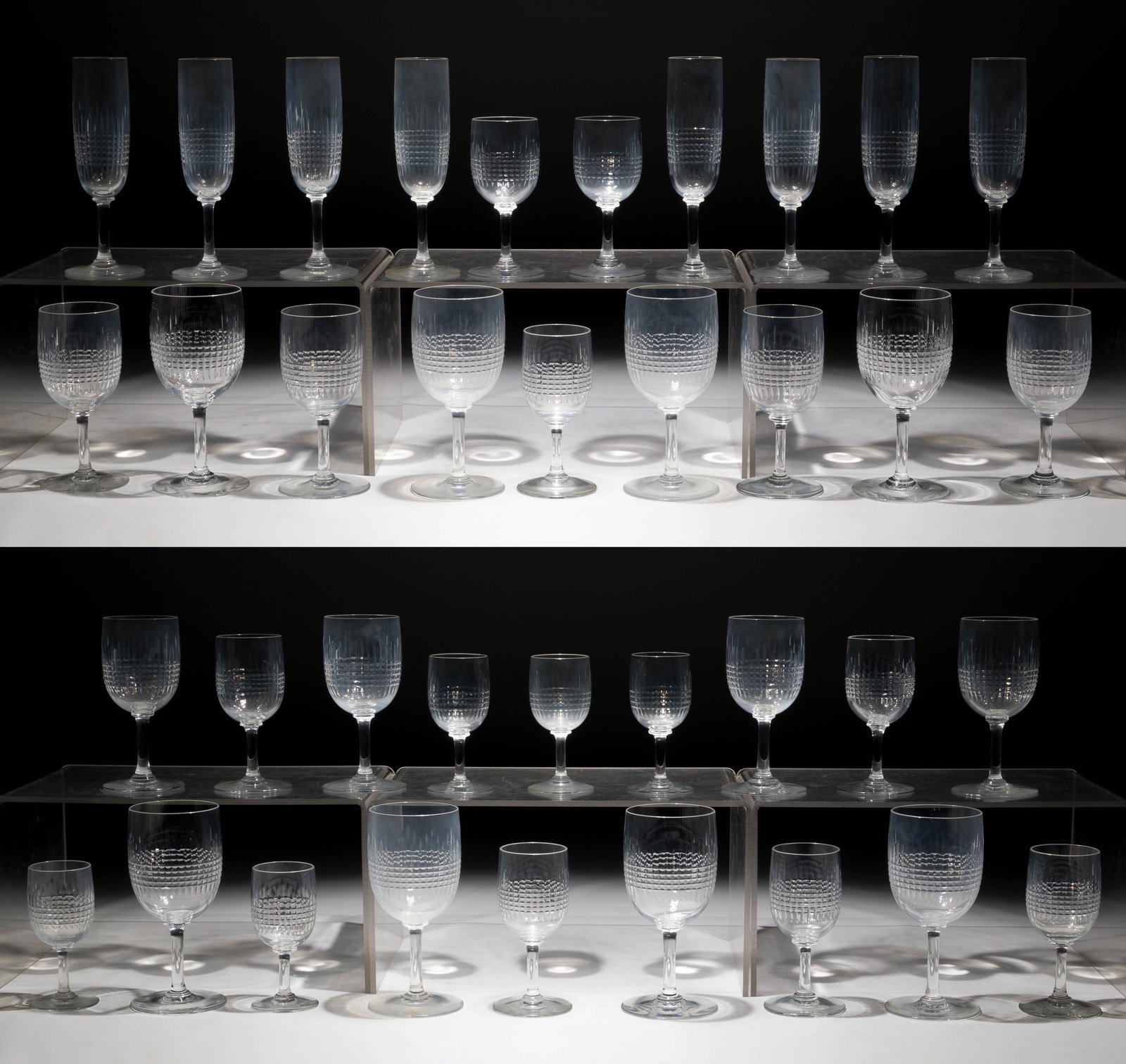 Baccarat Crystal Nancy Stemware Collection: Baccarat Crystal Nancy Stemware Collection (37) items including (8) water goblets, (8) claret wine, (8) sherry, (5) cordials and (8) flutes, all etch marked on underside, some having original packing 