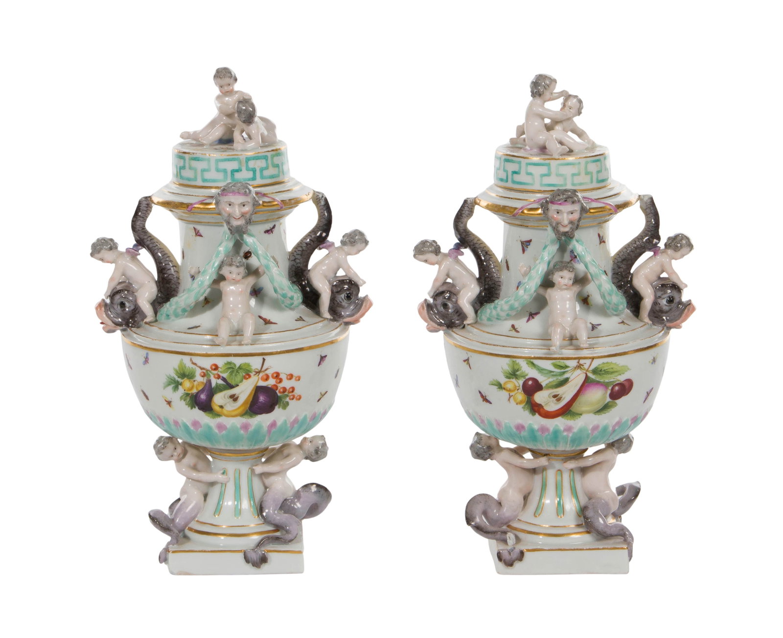 Meissen Lidded Potpourri Urns: Meissen Lidded Potpourri Urns A pair having putti, cherubs, satyrs and dolphins design and a floral, fruit and insect body, all hand painted, both marked on underside Property from: a Private Collecto