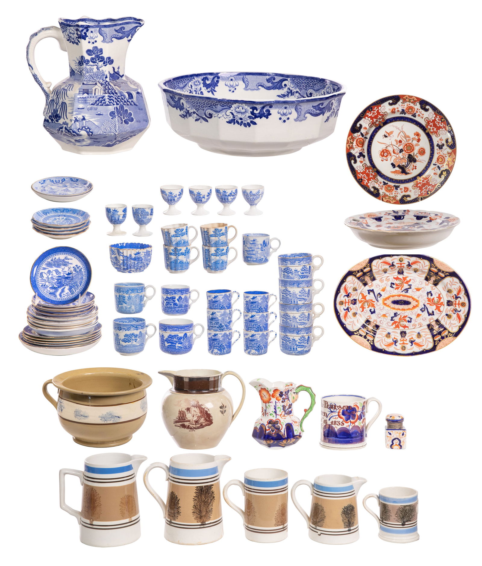 Porcelain Object Assortment: Porcelain Object Assortment Including demitasse, tea and coffee cups, mugs, saucers, bowls, egg cups, pitchers in various sizes and patterns such as Imari, Chinese export blue and white, brown-ware, s
