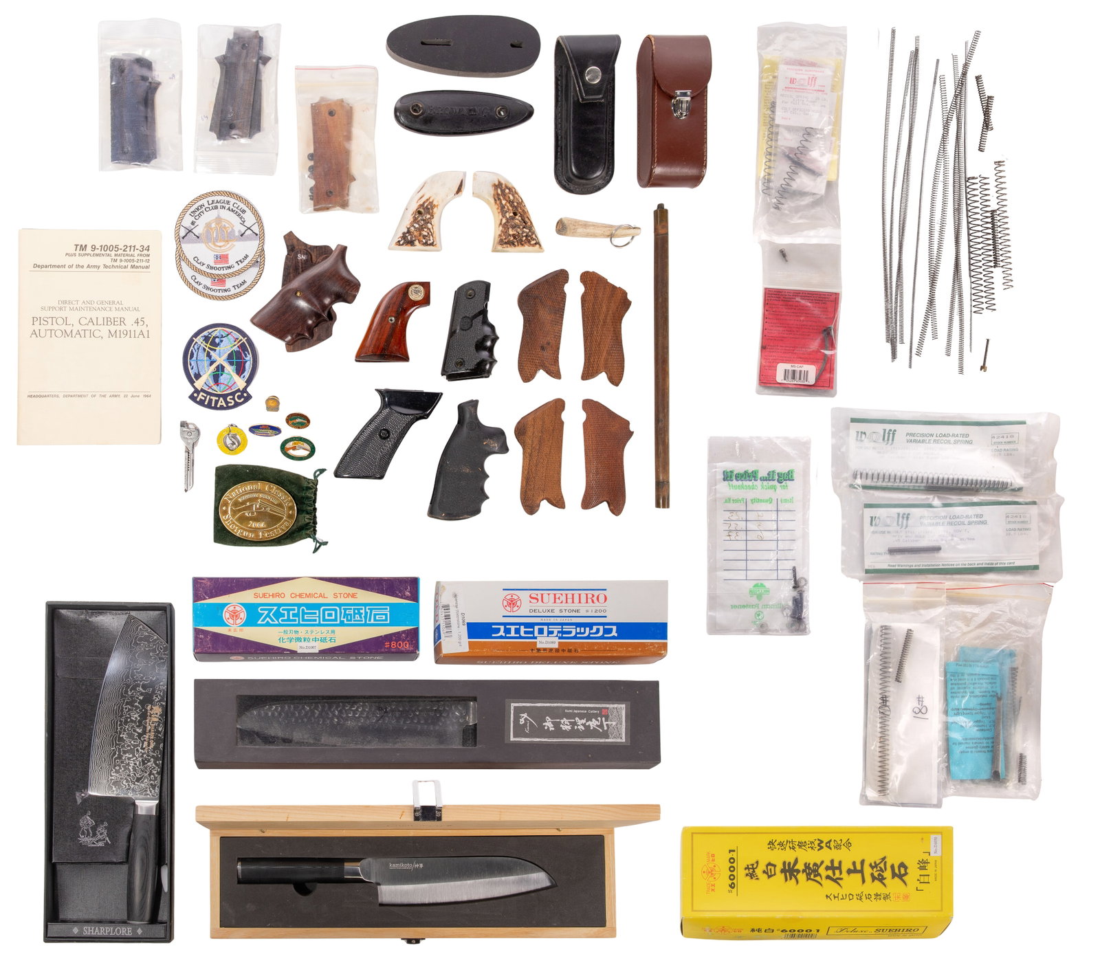 Japanese Kitchen Knife and Stone Assortment: Japanese Kitchen Knife and Stone Assortment Approximately (35) total items including a Kumi Japanese Cutlery yanagiba marked on blade 'Damascus VG-10 Core Hammered' having box, a Kamikoto honshu chef 