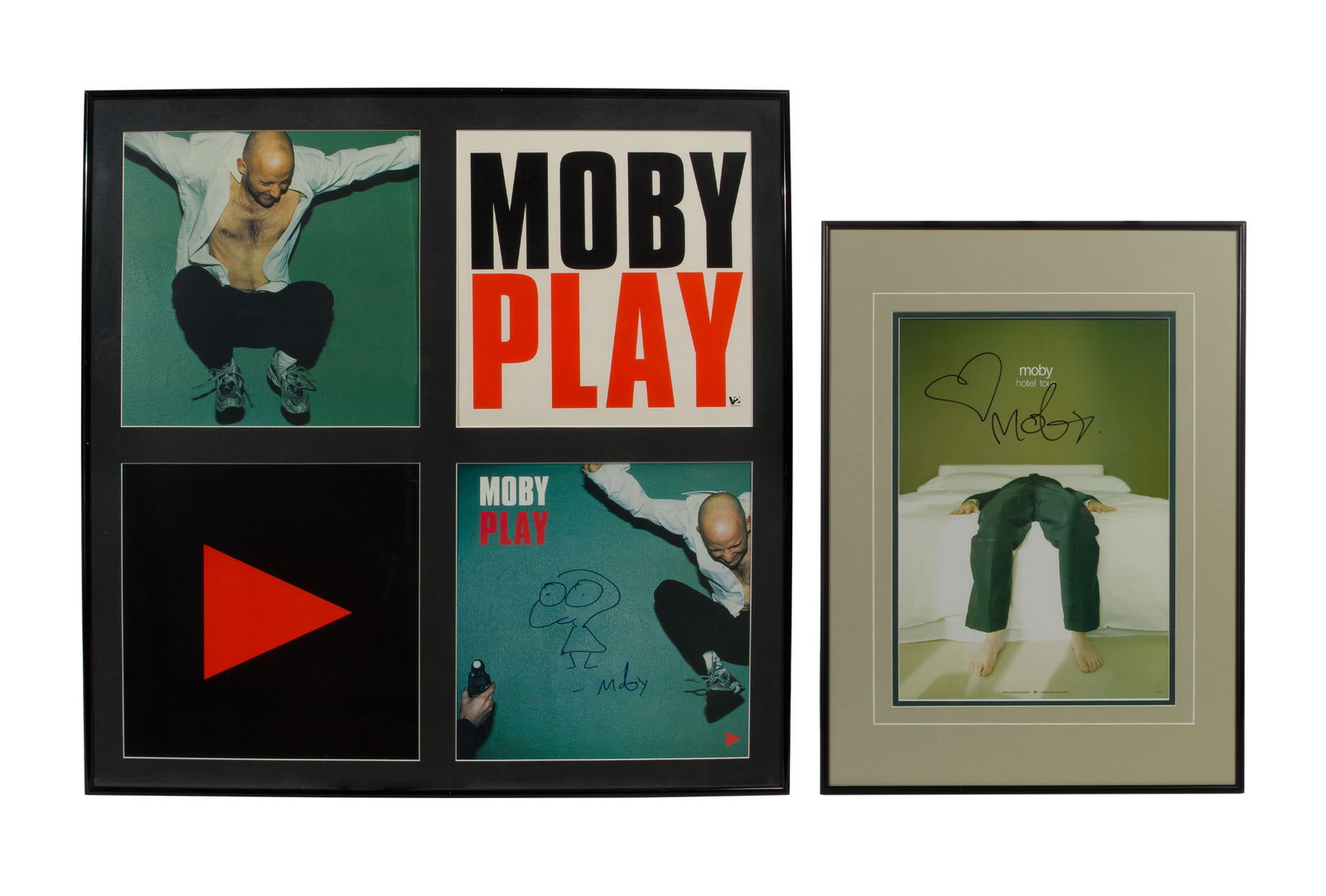 Moby 'Hotel Tour' and 'Play' Framed Autographed Posters: Moby 'Hotel Tour' and 'Play' Framed Autographed Posters (2) items including each poster having an image of the artist Moby and his signature, depicting two different tours, each under acrylic in black