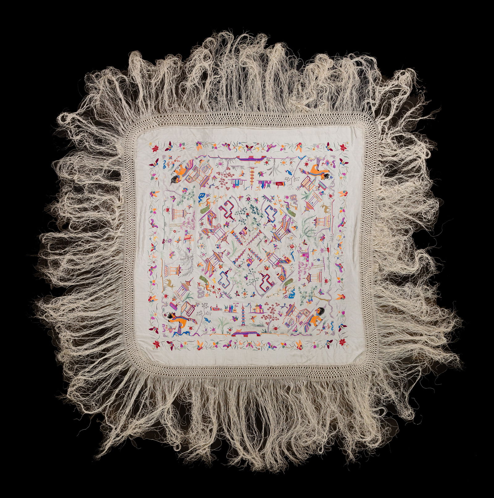 Embroidered Manila Shawl: Embroidered Manila Shawl Having multicolor Asian style motif depicting animals, birds and butterflies amid flowers and pagoda style pavilions, within a 3-inch crocheted silk border finishing in a 21-i