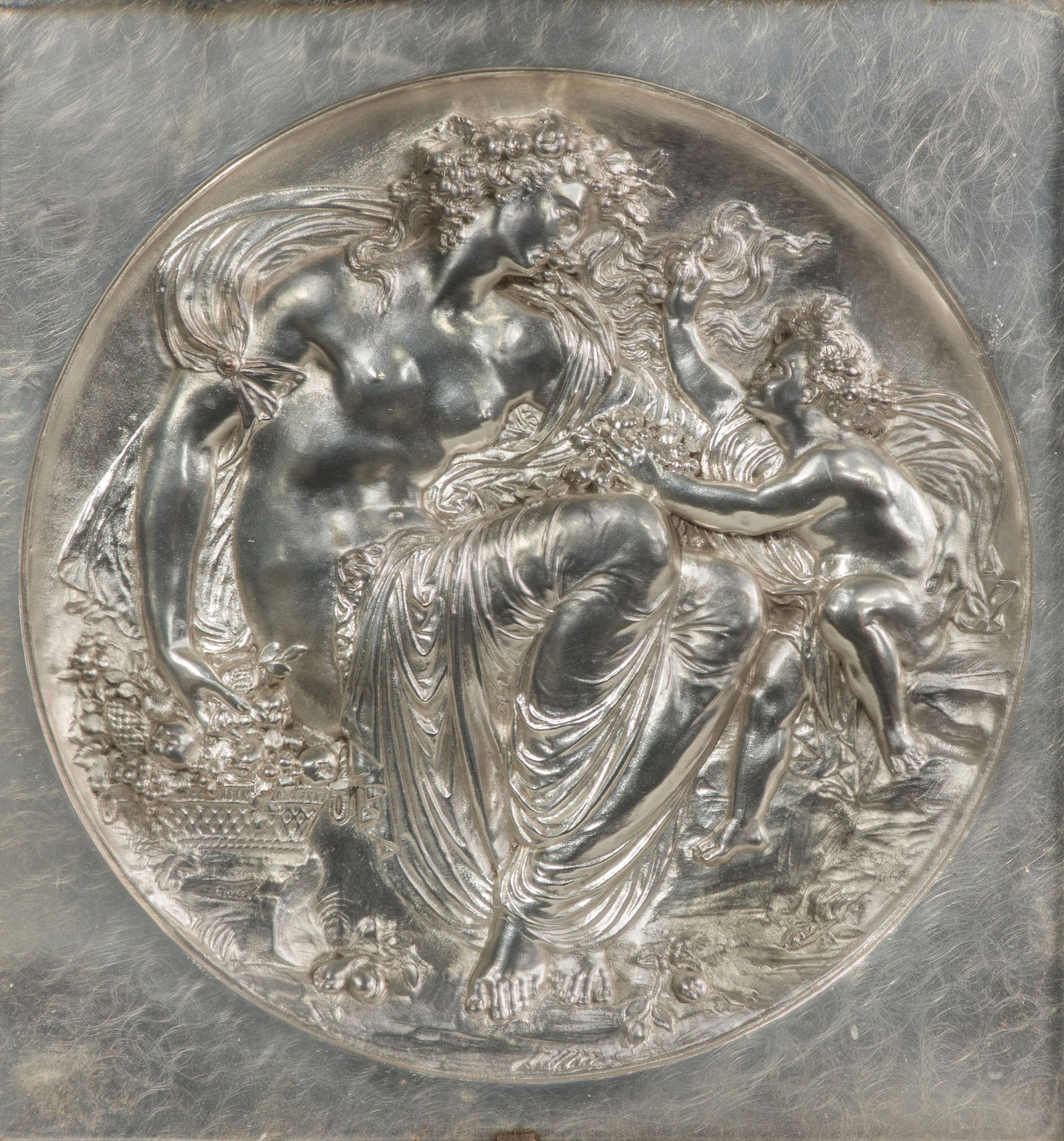 Jean-Baptiste Germain (French, 1841-1910) Metal Relief Plaque: Jean-Baptiste Germain (French, 1841-1910) Metal Relief Plaque 1868, signed lower right, Leopold Oudry foundry mark lower left, depicting two classical figures, in wood frame behind glass, John Gibson
