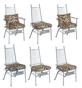 John Salterini El Prado Chair Collection: John Salterini El Prado Chair Collection (6) items including (2) armchairs and (4) side chairs, grey powder coated iron, mesh seat, dowel rod style backs, breeze block style front skirt, tiger fabric
