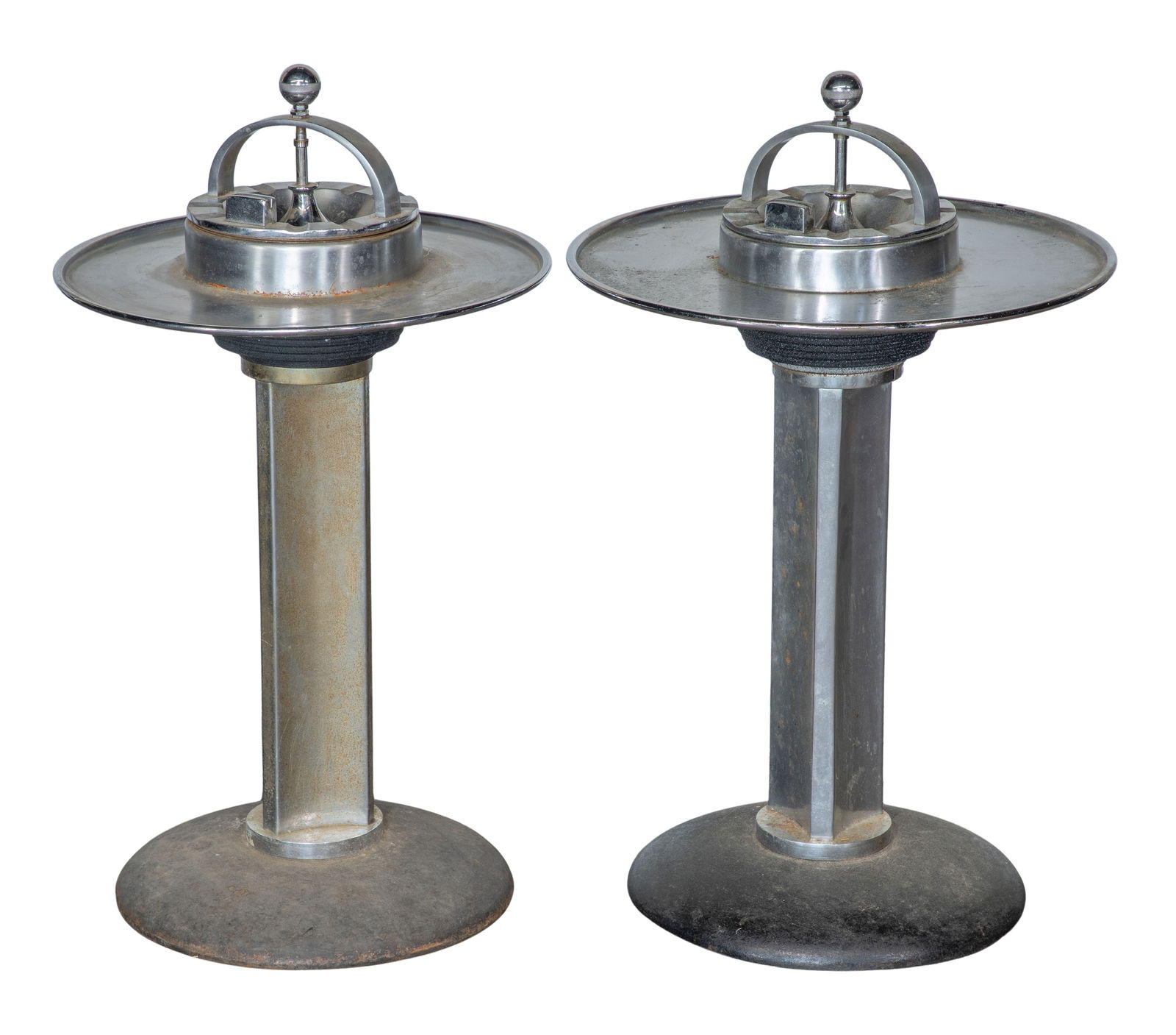 Attributed to William J. Campbell Art Deco Chrome Smoking Stands: Attributed to William J. Campbell Art Deco Chrome Smoking Stands c.1938, designed for Henry Dreyfuss, (2) items including a 15-inch diameter and a 16.5-inch diameter, having a chrome metal constructio