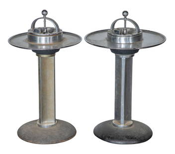 Attributed to William J. Campbell Art Deco Chrome Smoking Stands: Attributed to William J. Campbell Art Deco Chrome Smoking Stands c.1938, designed for Henry Dreyfuss, (2) items including a 15-inch diameter and a 16.5-inch diameter, having a chrome metal constructio