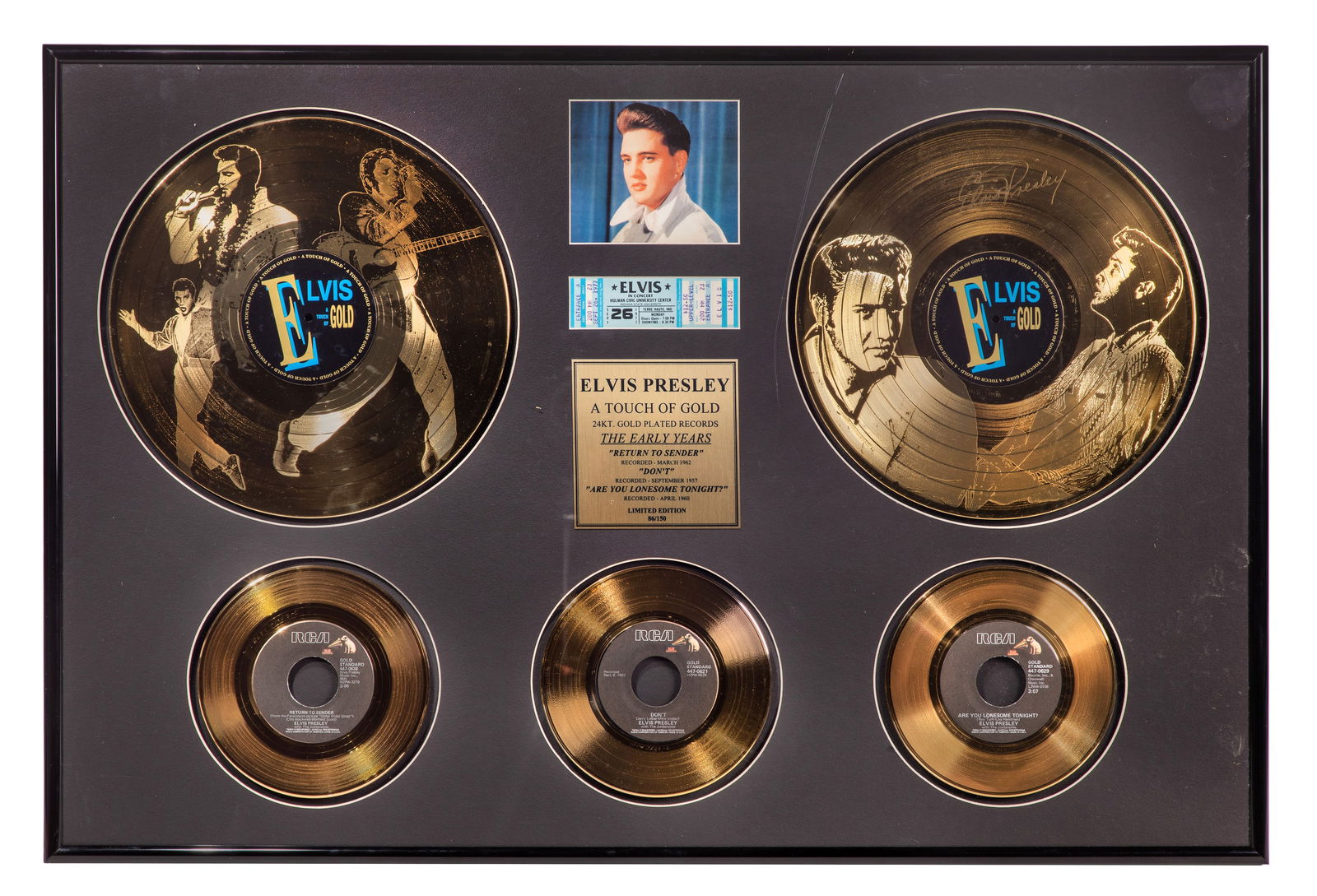 Framed Elvis Presley Gold Records and Concert Ticket (1 of 2)