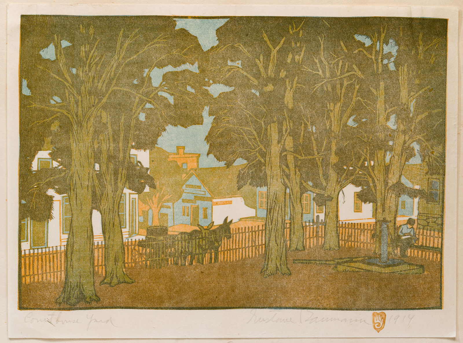 Gustave Baumann (American, 1871-1971) 'Courthouse Yard' Woodcut: Gustave Baumann (American, 1871-1971) 'Courthouse Yard' Woodcut 1914, pencil signed lower right in margin, artist hand in heart cypher, titled lower left, a color woodcut on wove paper depicting a tra