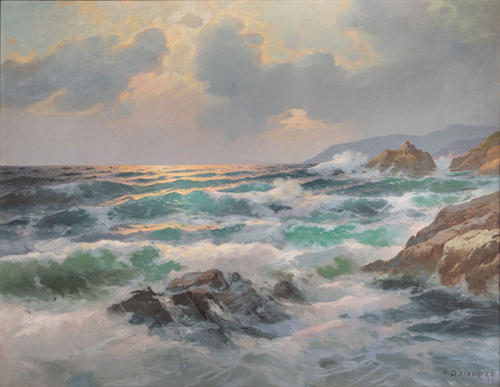 Alexander Dzigurski (American, 1911-1995) Oil on Canvas: Alexander Dzigurski (American, 1911-1995) Oil on Canvas Undated, signed lower right, depicting a rocky seascape, in a painted gold-tone wood frame Property from: an Estate, Carol Stream, Illinois Heig