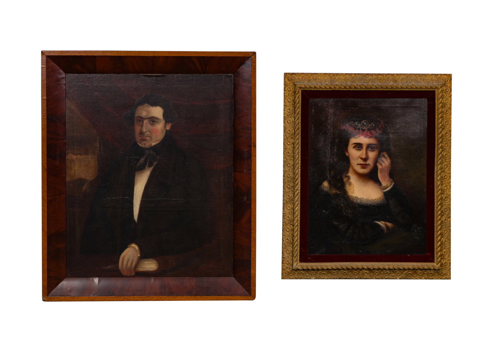 Portrait Oils on Canvas: Portrait Oils on Canvas (2) items including an undated, unsigned depiction of a lady in a red trimmed headpiece and a canvas laid on board depicting a gentleman, in wood frames Property from: an Estat