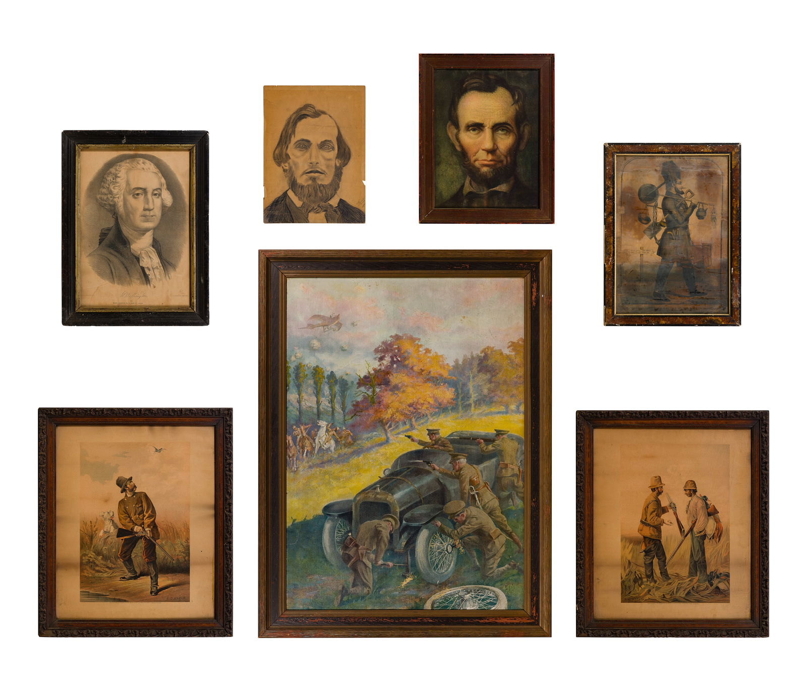 Print Assortment: Print Assortment (7) items including a Nathaniel Currier (1813-1888) hand colored lithograph 'The Independent Gold Hunter on His Way to California', (2) bird hunting illustrations by L. C. Earle, an a