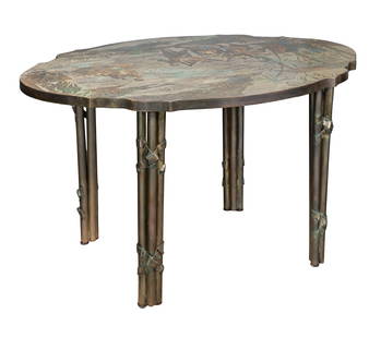 Philip and Kelvin Laverne T'ang Boucher Table: Philip and Kelvin Laverne T'ang Boucher Table c.1965, oval having a scalloped edge, acid-etched and patinated polychrome bronze, pewter, parcel-gilt, applied banded edge, raised on four rounded legs,