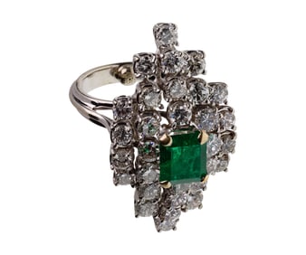 14k White Gold, Emerald and Diamond Ring