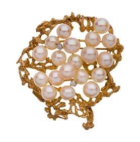 14k Yellow Gold, Pearl and Diamond Brooch