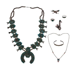 Native American Sterling Silver and Turquoise Squash Blossom Necklace