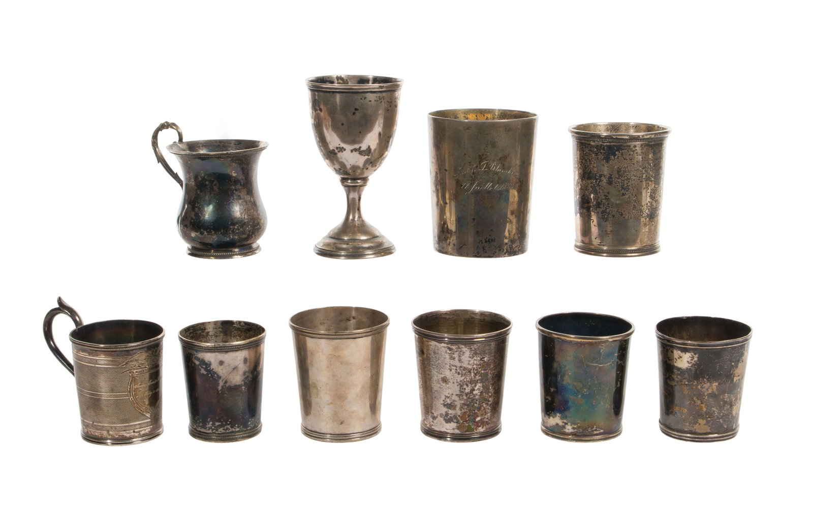 Sterling, Coin and European Silver Cup Assortment: Sterling, Coin and European Silver Cup Assortment (10) items including (7) tumblers (some unmarked sterling), (2) mugs and a wine glass (unmarked 900 to 830 silver) Property from: an Estate, Decatur, 