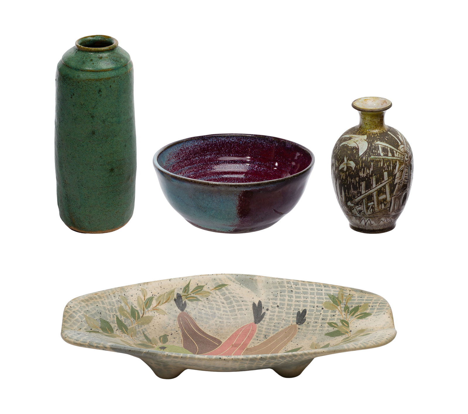 Studio Pottery Assortment: Studio Pottery Assortment (4) items including a Marc Bellaire 'Still Life' centerpiece bowl having sgraffito fruit motif, incised signature and title underside, a jun glazed bowl signed 'Marsi' as wel