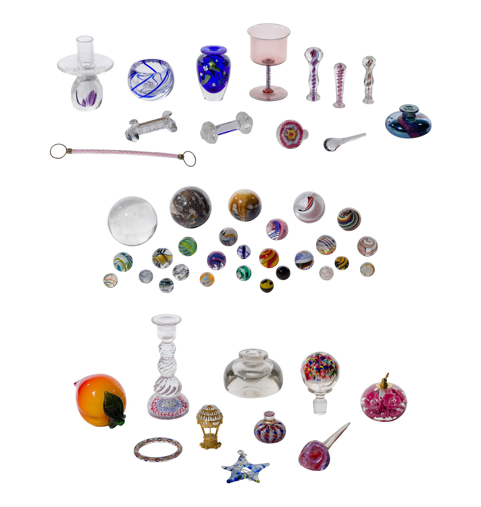 Art Glass Assortment: Art Glass Assortment Approximately (50) items including candle holders, wax seals, knife rests, jasper spheres, glass orbs, marbles and decorative objects Property from: a Private Foundation, Chicago