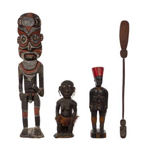 Ethnographic Wood Carving Assortment: Ethnographic Wood Carving Assortment (4) items including a colonial style West African painted figure having incised name 'Jo Mead' on back of base, an African Luba female figure having fiber skirt, a