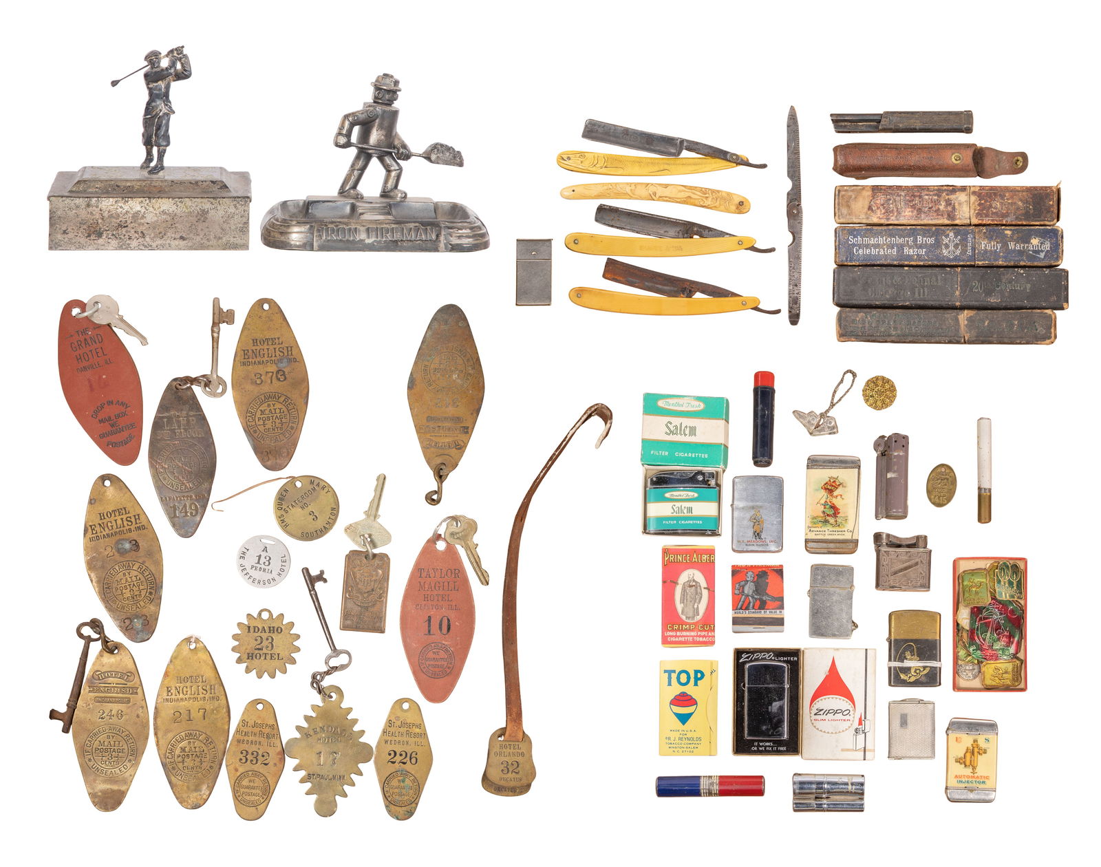 Smoking, Hotel and Shaving Object Assortment: Smoking, Hotel and Shaving Object Assortment Approximately (50) items including an ashtray, a golf motif cigarette box, hotel keys, lighters with some in original packaging, rolling papers, straight r
