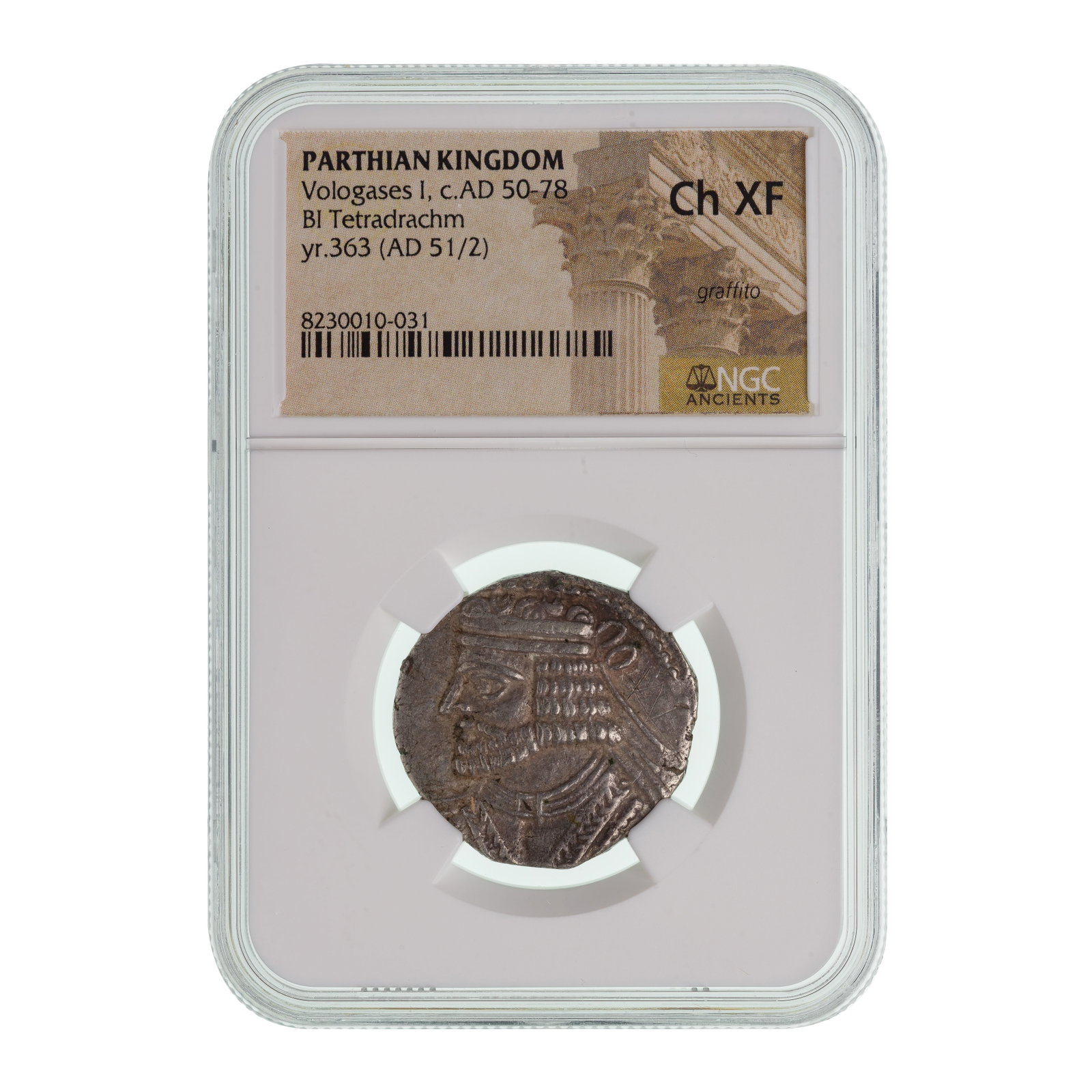 PARTHIAN KINGDOM, Vologases I, c.AD 50-78, BI Tetradrachm CH XF NGC: PARTHIAN KINGDOM, Vologases I, c.AD 50-78, BI Tetradrachm CH XF NGC NGC certificate #8230010-031 Property from: a Private Collector, Kenilworth, Illinois Category: Ancient Coins > Ancient Coins Estima