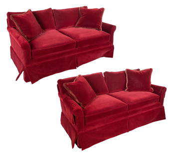 Century Furniture Velvet Sofas: Century Furniture Velvet Sofas Pair of two-seat sofas, each having red velvet upholstery, rolled arms, skirts, reversible seat and back cushions and two throw pillows, both having fabric maker label u