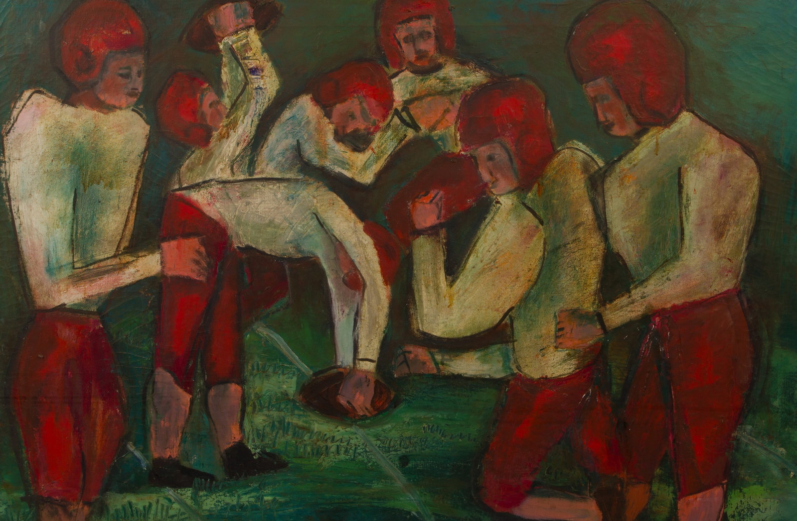 Unknown Artist (20th Century) Oil on Canvas: Unknown Artist (20th Century) Oil on Canvas Undated, unsigned, depicting football players, in a wood frame, annotation 'Gary Maddox' on canvas verso Property from: an Estate, Decatur, Illinois Height: