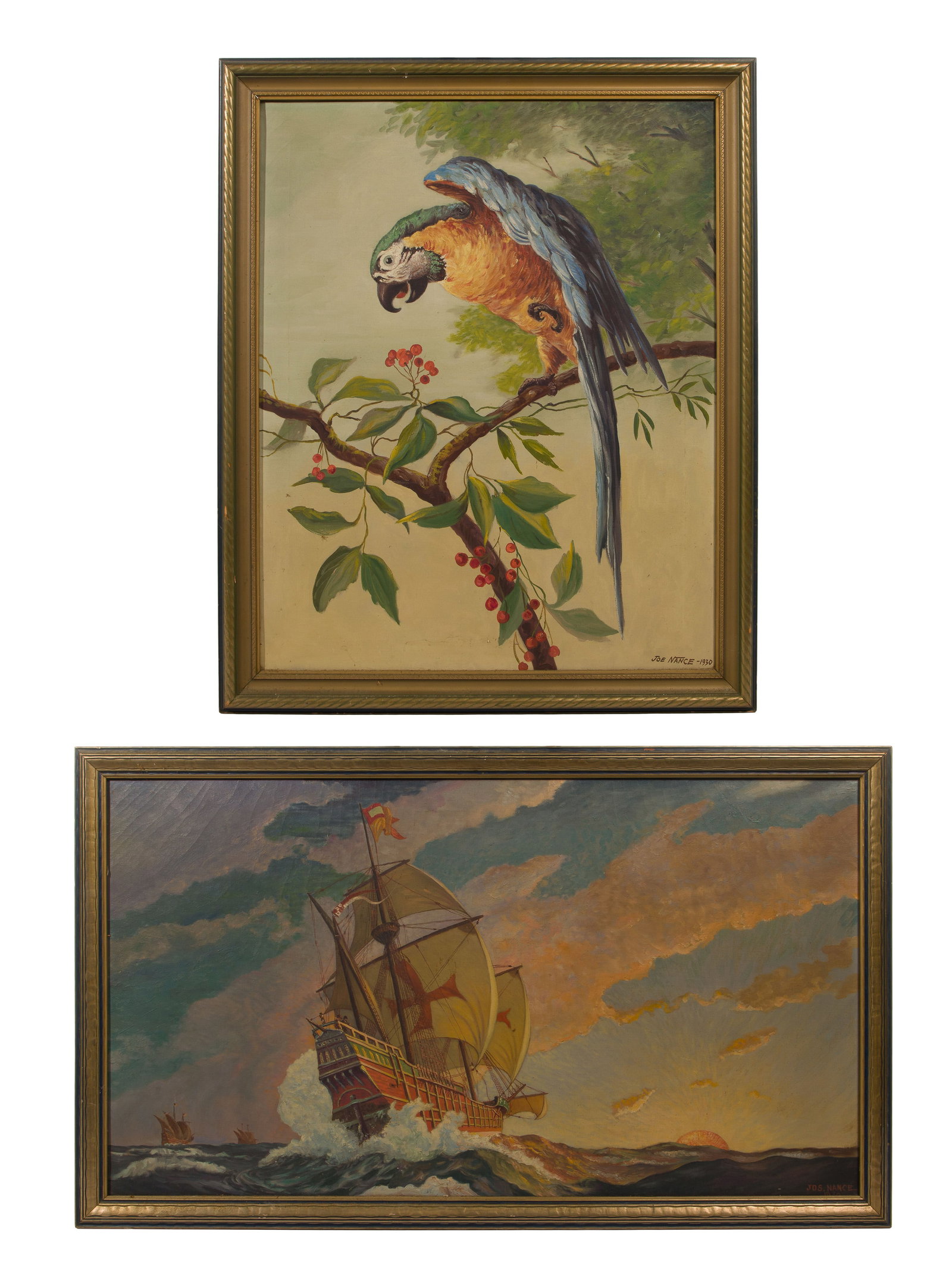 Joe Nance (20th Century) Oils on Canvas: Joe Nance (20th Century) Oils on Canvas 1930, both signed and dated lower right, depicting a parrot and a Spanish ship, in gold-tone wood frames Property from: an Estate, Decatur, Illinois Height: 20 