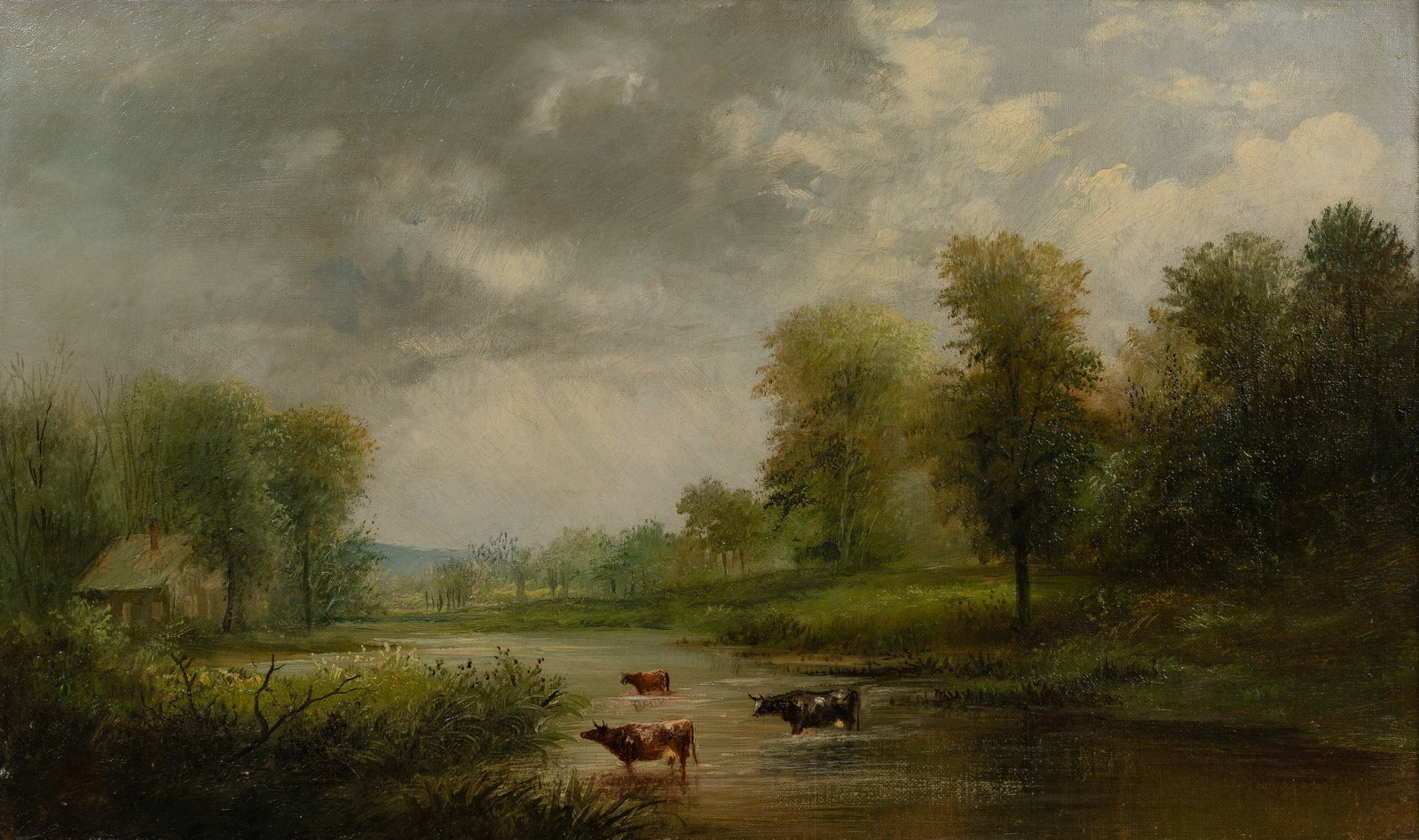 Unknown Artist (20th Century) Oil on Canvas: Unknown Artist (20th Century) Oil on Canvas Undated, unsigned, depicting three cows in a stream, in a white gesso carved frame Property from: an Estate, Chicago (Uptown), Illinois Height: 11 5/8 inche