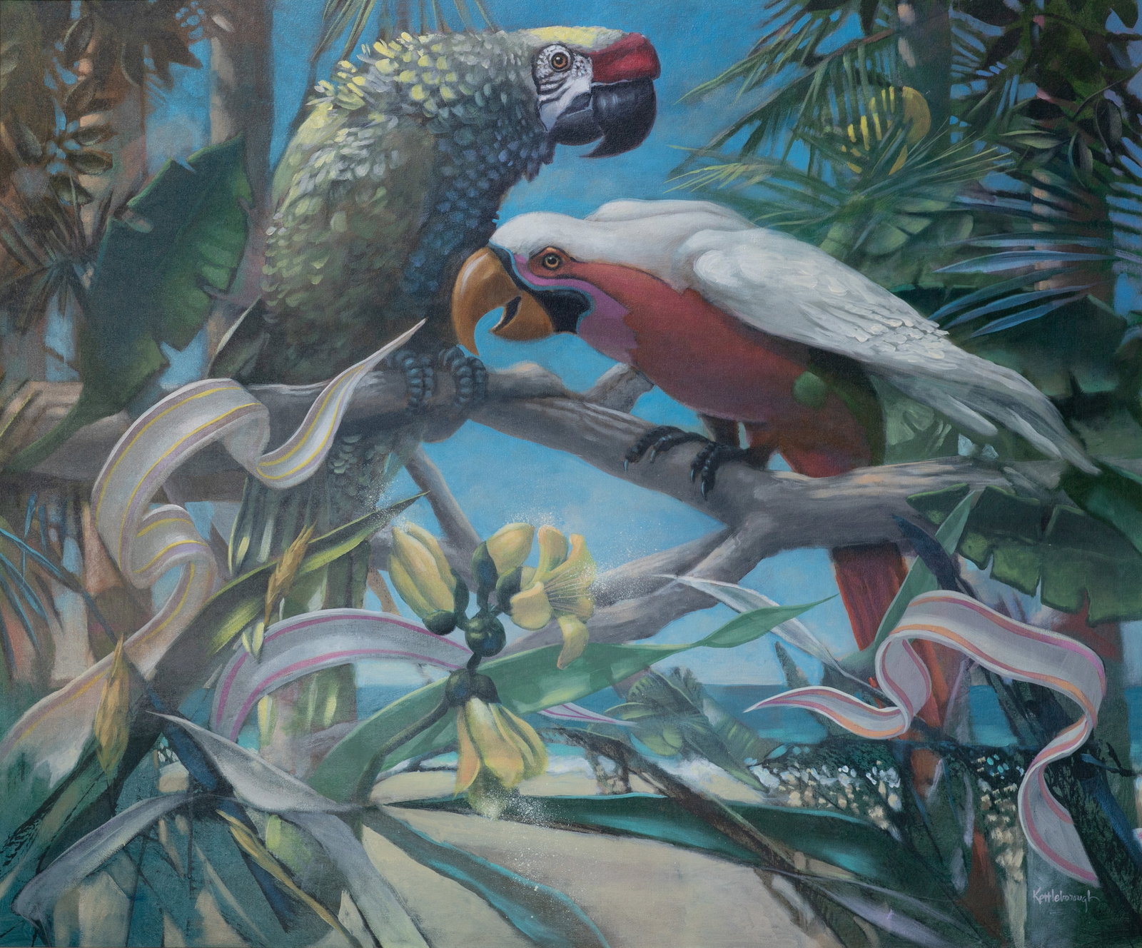 Don Kettleborough (American, 20th Century) Oil on Canvas: Don Kettleborough (American, 20th Century) Oil on Canvas Undated, signed lower right, depicting parrots in a lush jungle, in a painted wood frame Property from: a Private Collector, Barrington, Illino