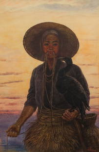 Jirokichi Kasagi (Japanese, 1870-1923) Pastel and Gouache on Paper: Jirokichi Kasagi (Japanese, 1870-1923) Pastel and Gouache on Paper Undated, signed lower right, depicting an ukai who uses cormorants on tethers to catch fish, linen matted behind glass in a gold-tone