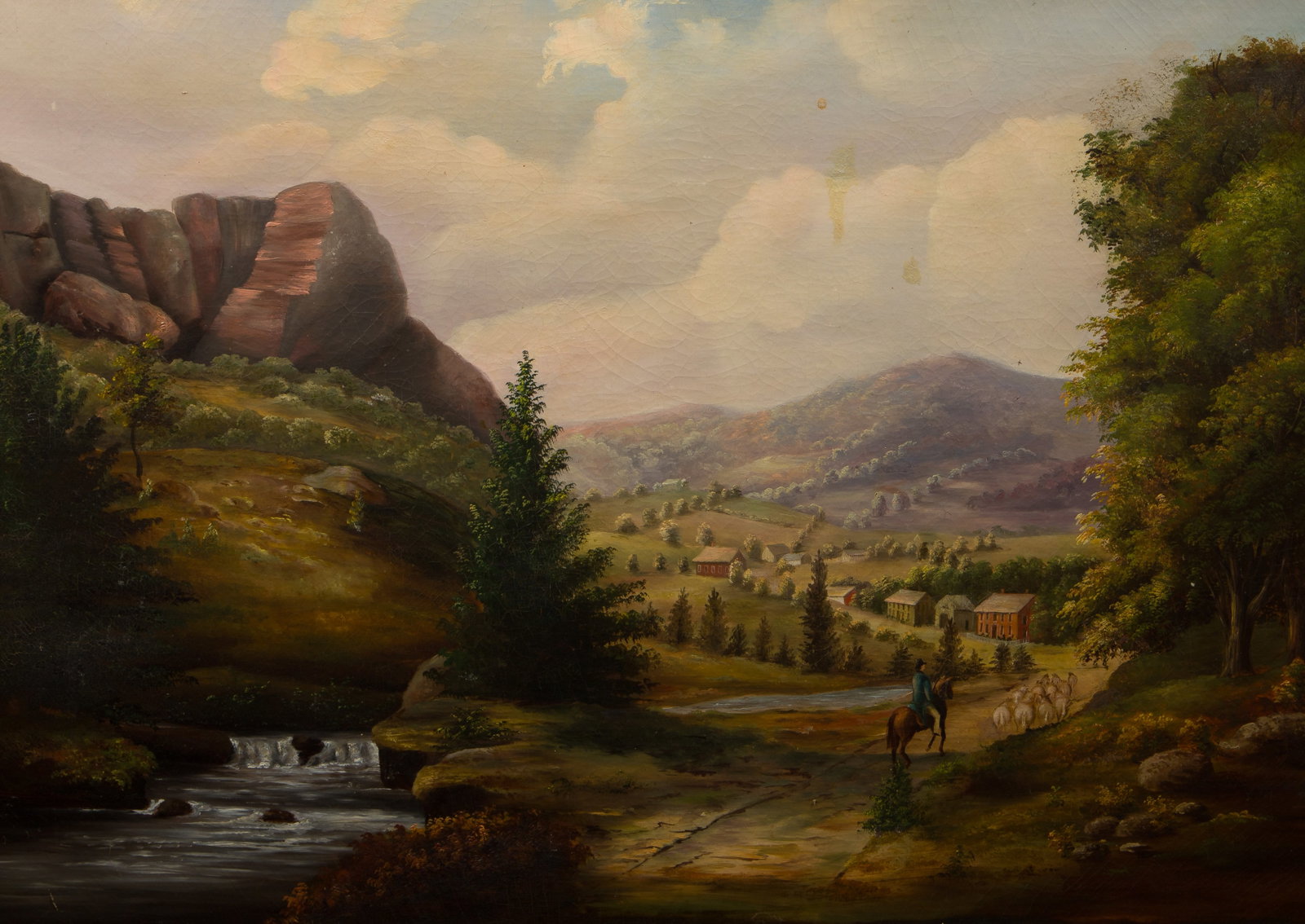 Unknown Artist (19th / 20th Century) Oil on Canvas: Unknown Artist (19th / 20th Century) Oil on Canvas An undated and unsigned landscape having an ornate gold-tone gesso on carved wood frame retaining a label of I.C.A. Spring Stretchers, Oberlin, Ohio 