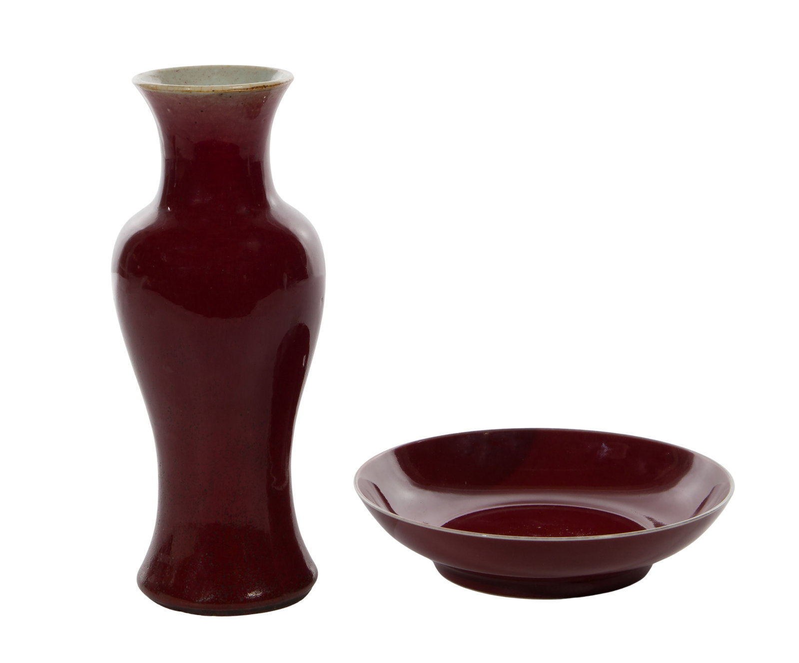 Chinese Sang de Boeuf Porcelain Vase and Bowl: Chinese Sang de Boeuf Porcelain Vase and Bowl (2) items including an unmarked vase and a footed bowl having an impressed four-character mark within concentric circles and numeric collection label on g