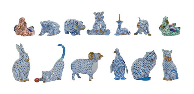 Herend Porcelain Animal Figurine Assortment: Herend Porcelain Animal Figurine Assortment (13) fishnet items including (3) cats, (2) rabbits, (2) bears, a ram, a hippo, a penguin and a unicorn having blue pattern and gilt accents as well as (2) d