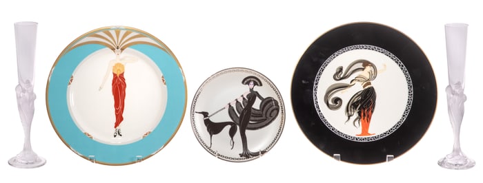 Erte Crystal Champagne Flutes and Porcelain Plate Assortment