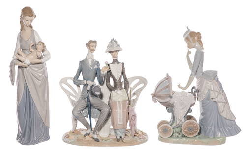 Lladro Porcelain Figurine Assortment: Lladro Porcelain Figurine Assortment (3) items including #5086 'Mother and Child', #1274 'Lovers In The Park' and #4938 'Baby's Outing', all including original boxes Property from: an Estate, Madison,