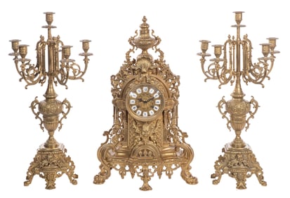 Rococo Style Brass Mantel Clock and Garniture Set