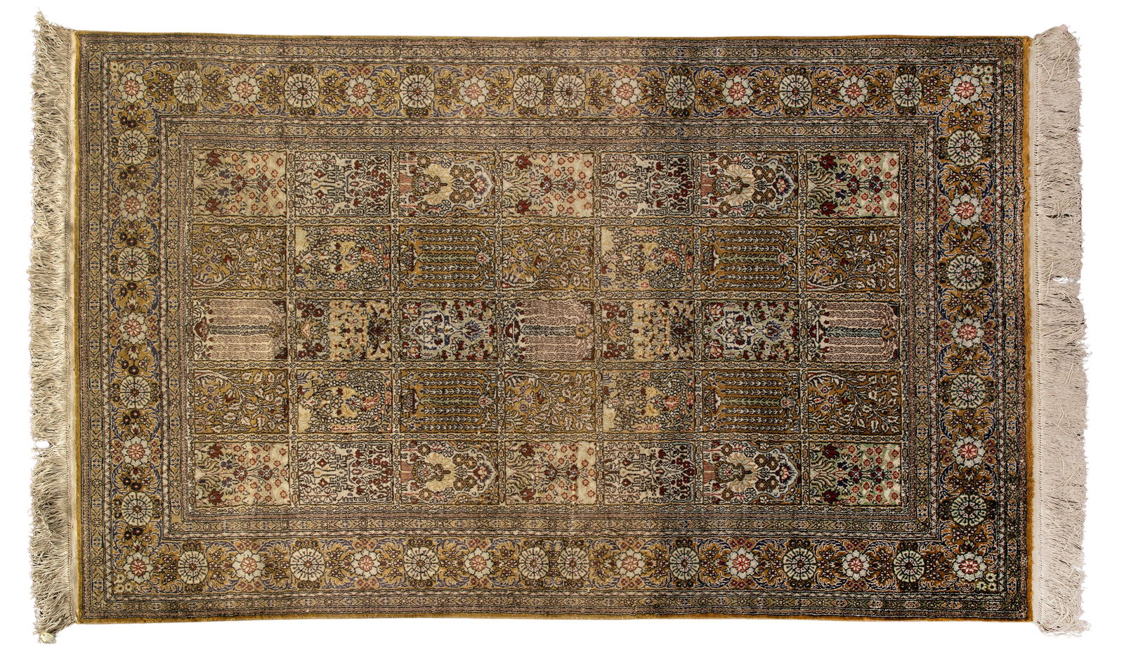 Persian Qum Silk Rug: Persian Qum Silk Rug Hand knotted having a garden design in hues of green, ivory, blue, red, brown, gold, rust and mauve on a tan field, tag attached to fringe Property from: an Estate, Lafayette, Ind