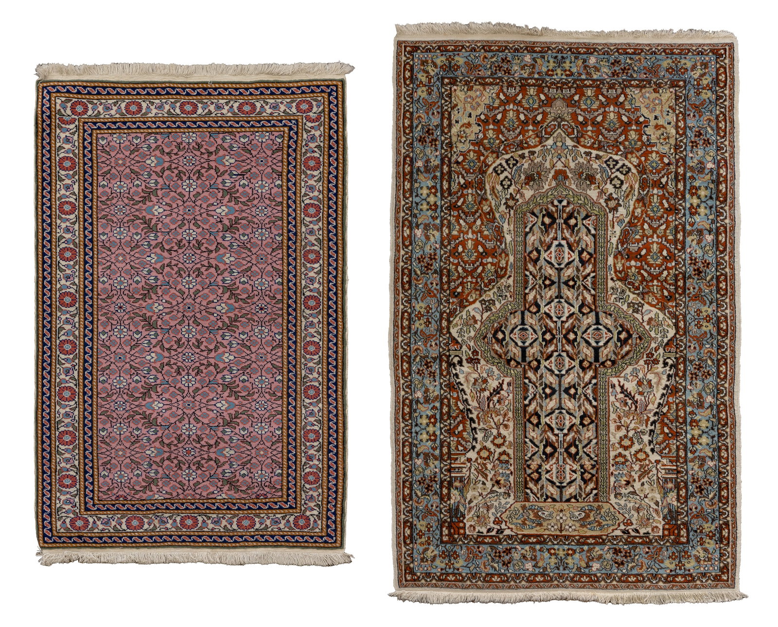 Persian Wool Rugs: Persian Wool Rugs (2) items including a handwoven prayer rug in hues of black, rust, tan and blue on a cream field and an abstract floral motif in hues of green, blue and salmon on a pink field (4 ft.