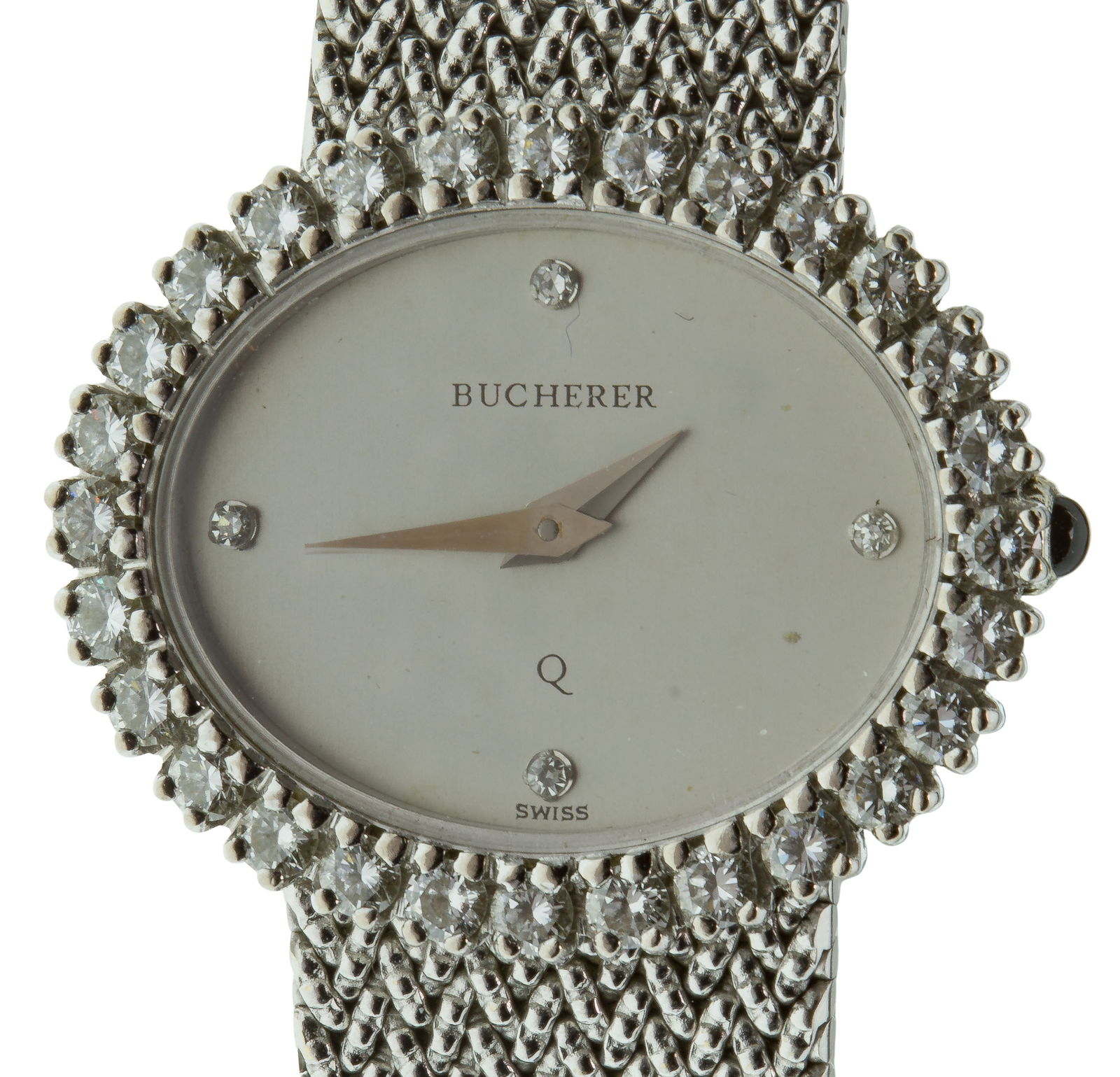 Bucherer 18k White Gold and Diamond Case and Band Wristwatch: Bucherer 18k White Gold and Diamond Case and Band Wristwatch Having an oval dial, diamond bezel and integrated mesh band (marked '18k' on back of case, '750' inside clasp) Property from: an Estate, Ma