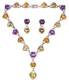 18k White Gold, Lemon Quartz, Amethyst, Citrine and Diamond Necklace and Earrings (1 of 1)