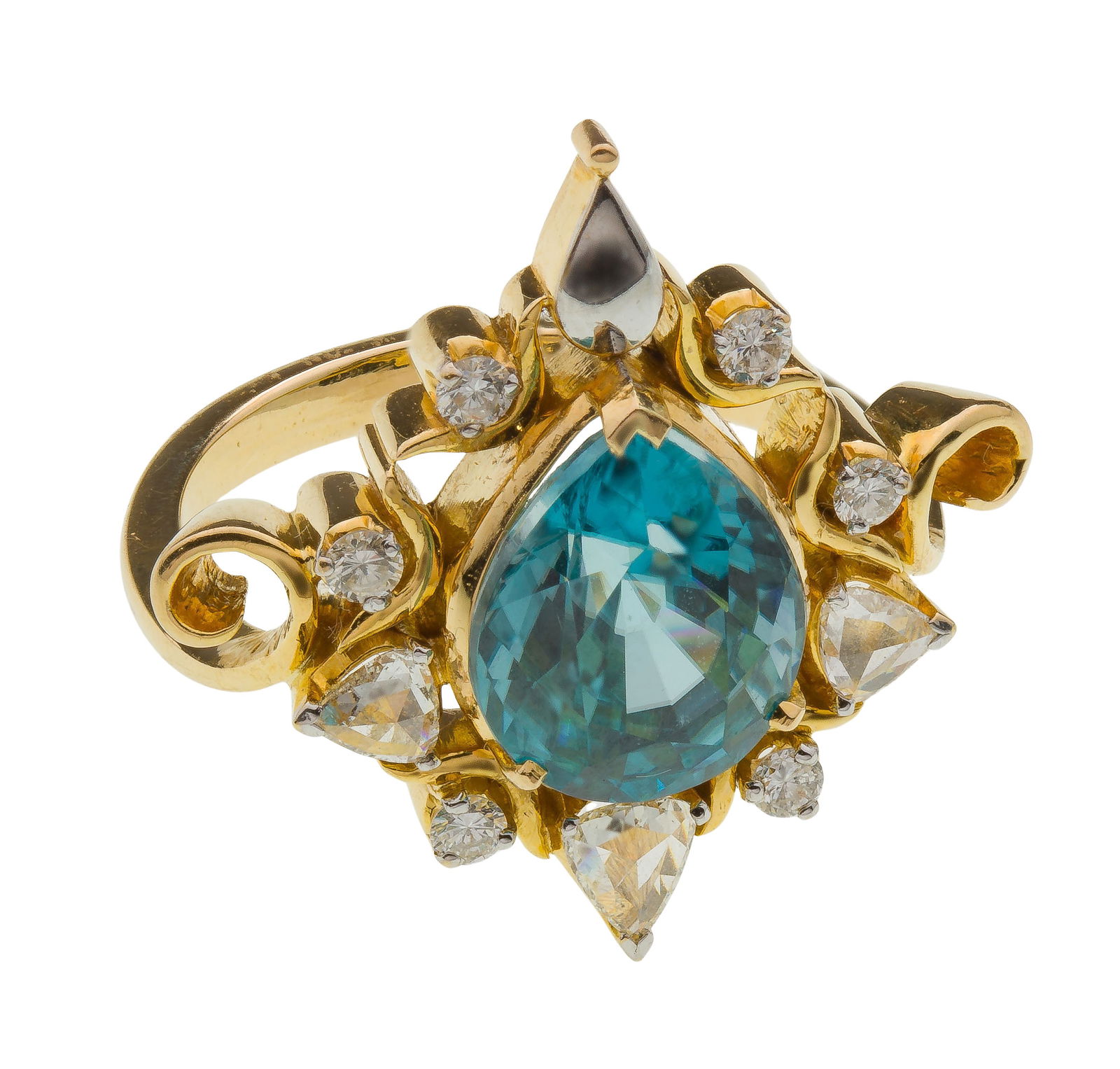 18k Yellow Gold, Blue Zircon and Diamond Ring (1 of 3)