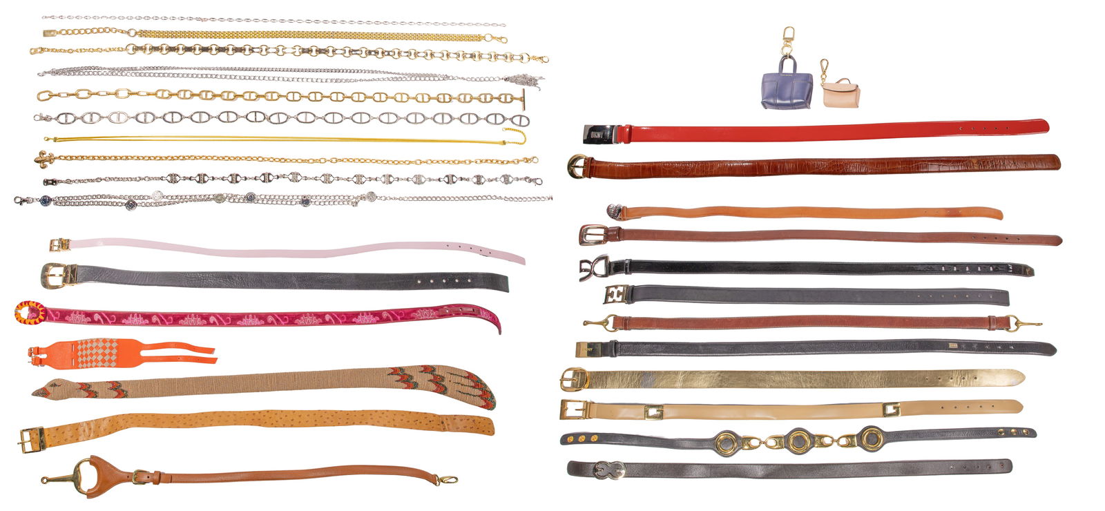Designer Belt Assortment: Designer Belt Assortment (32) total items of various shapes and sizes in metal, leather and vinyl, including Kate Spade, DKNY, Barneys NY, Kenneth Cole, Michael Kors and Tory Birch; together with (2)
