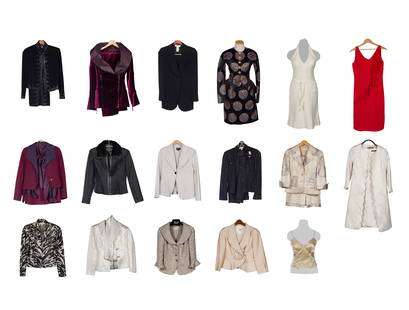 Designer Clothing Assortment: Designer Clothing Assortment Approximately (17) items including suits, jackets and dresses, from designers including Armani, Halston, LaCroix, Gianfranco, Nipon, Lhuillier, Plata and St. John, most in