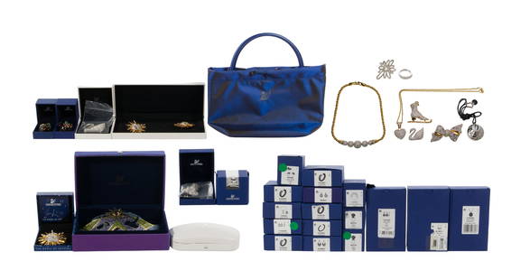 Swarovski Crystal Jewelry Assortment: Swarovski Crystal Jewelry Assortment (36) total items including (6) necklaces having pendants, (6) bracelets, (8) rings, (6) pairs of earrings, (6) brooch pins and masquerade mask, most having origina