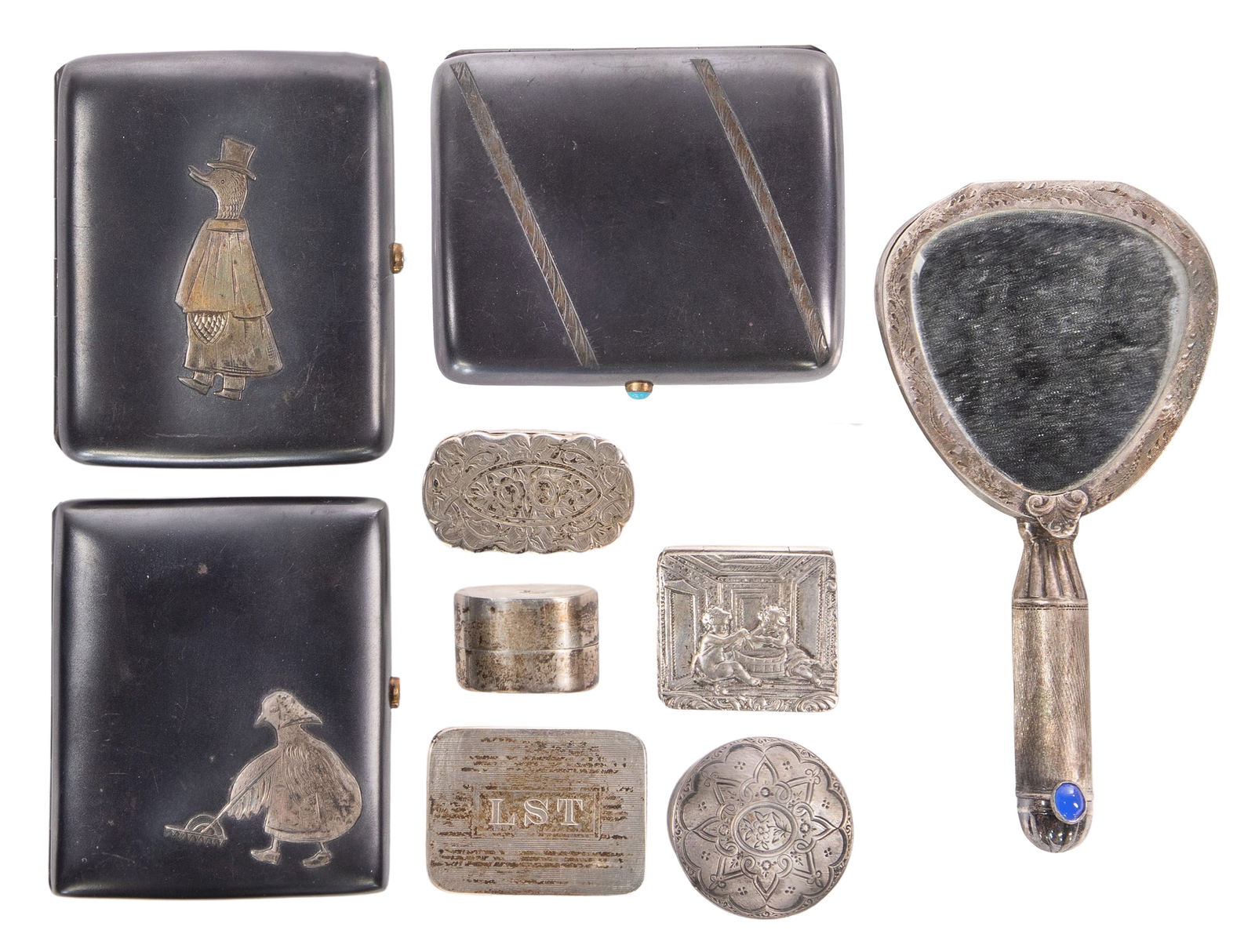 Sterling, Coin (900) and European Silver (800) Cigarette Case and Vanity Object Assortment: Sterling, Coin (900) and European Silver (800) Cigarette Case and Vanity Object Assortment (9) items including (3) pill boxes (marked '925'), a vanity mirror having a lipstick case (unmarked 900 silve